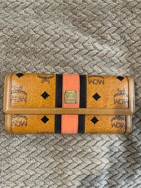MCM Visetos Trifold Wallet with Coral and Black Stripe